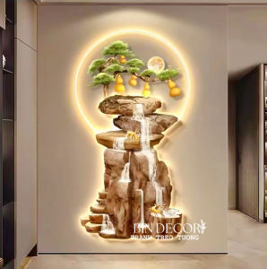 Tranh treo tường đèn led bình hồ lô vàng và thác nước hùng vĩ 1 kèm đinh