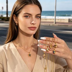 OWNNEW Sang trọng Dây chuyền hình ngôi sao Phong cách Ins Thép không gỉ 316L Dây chuyền zircon Thanh lịch Zircon nhiều màu sắc Dây chuyền đính cương dành cho phụ nữ