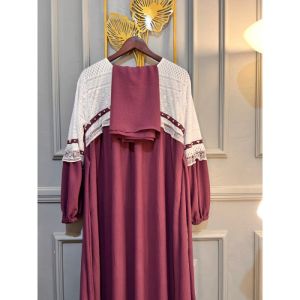 Gamis Sheliya Set Kerudung Pasmina Cringkle Airflow Mix Brukat Malika Premium Dress Muslim Wanita Lebaran Busui Friendly Lengan Balon