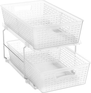 Simple Houseware 2 Tier Bathroom Organizer Tray Pull-Out Sliding Drawer Under Sink Storage White