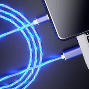 FRESHNOOK 1M 1PC Colorful Flowing LED light Type C LED USB C Wire Fast Charging Data Line Mobile Phone Charging Cables Type C Data Cord Charge Wire Glowing Cable