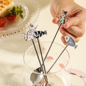 LIANG สีสันสดใส ช้อนสแตนเลสปลาแมว ช้อนคนให้เข้ากัน ขัดเงาเงางาม ช้อนชาชาช้อนชา เครื่องใช้บนโต๊ะอาหาร สไตล์เกาหลีญี่ปุ่น ช้อนขนมหวาน ของหวานของหวาน