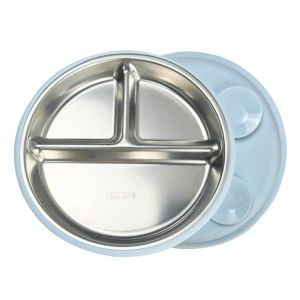 WARM STOP 304 Stainless Steel Suction Cup Kids Plates Divided Design Silicone Shell Baby Sucker Dining Plate Unbreakable Safe Material Kids Feeding Bowls For Toddlers