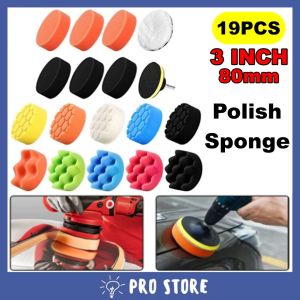 PROSTORE 19pcs Sponge Set Car Polishing Cleaning 3 Inch 80mm Waxing Buffing Pad Kit 1 Set Polish Bersihkan Kereta