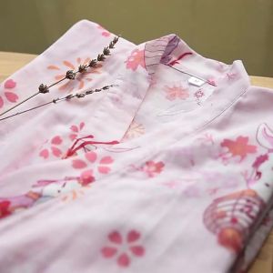 Baju Tidur Kain Kasa Kapas Nipis Musim Panas Pasangan Kimono Lelaki Jepun Baju Mandi Piyama Kapas Kardigan Skirt Tidur Panjang