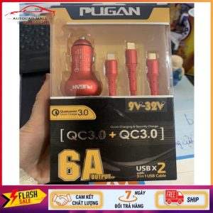 Tẩu sạc nhanh Pugan 6A Kèm dây sạc 3 đầu 2 cổng USB 2.1 sạc nhanh điện thoại và thiết bị điện tử bộ sạc 3 trong 1 cao cấp