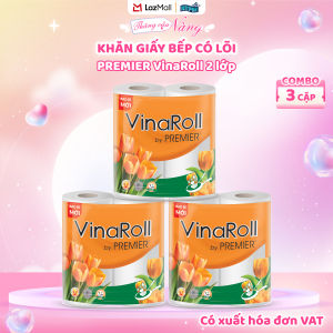 [COMBO 3 LỐC] Khăn giấy bếp PREMIER VinaRoll 2 lớp – 100% bột giấy nguyên sinh không chất tẩy 2 cuộn/lốc – Chính hãng