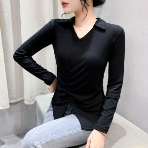 Yimei 2024 mùa thu dài tay mới thời trang áo xếp li phong cách xẻ bất đối xứng Tím ve áo T-shirt thời trang chống lão hóa đàn hồi Áo Thun Cơ Bản