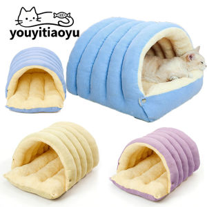 YOUYITIAOYU Warm Enclosed Cat Bed Removable Calming Pet Nest Cave Foldable Corduroy Fluffy Sleeping Bed Cats Small Dogs