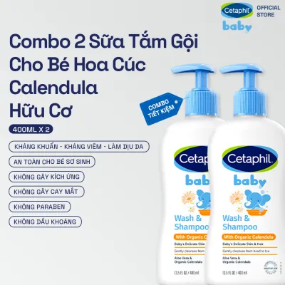 Combo 2 Sữa tắm gội dưỡng ẩm dịu lành cho bé với Calendula hoa cúc hữu cơ CETAPHIL BABY W&SHAMPOO CALENDULA 400ML/Chai