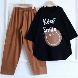 Setelan Baju Dan Celana Cargo Smile Set Kaos Katun Combed 24s M L XL XXL 3XL Oneset Wanita Kekinian