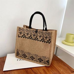 Flax Jute Tote Bag for Women Large Beach Bag Straw Cute Reusable Grocery Bag Tote Handbag Woven Gym Shopping Travel Bag