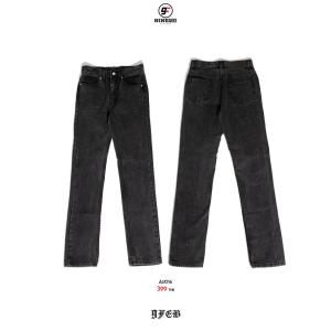 9FEB AU015-AU016-AU025 กางเกงยีนส์ขายาวกระบอกเล็ก สีฟอกแบบไม่ขาด