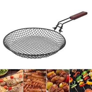 GAOSU Foldable Steel Carbonl Grill Basket Non Stick Perforated Grilled Vegetable Net Outdoor Tools with Folding Wooden Handle Barbecue Pan Camping Cooking