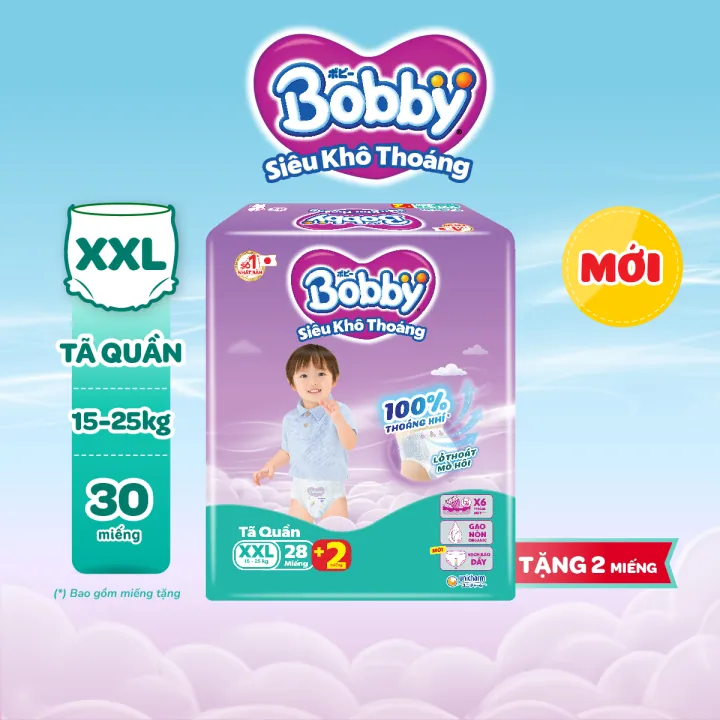 Tã quần Bobby Siêu Khô Thoáng - 100% Thoáng Khí Jumbo XXL28+2/XXL30