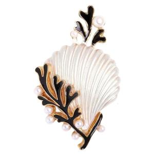 Vintage Style Shell Coral Brooch Pearls Accent Enamel Detailing Alloy Statement Handmade Gift For Her