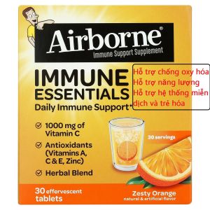 Viên hòa tan Airborne IMMUNE ESSENTIALS 30 effervescent tablets chống oxy hóa hỗ trợ năng lượng miễn dịch trẻ hóa của Mỹ