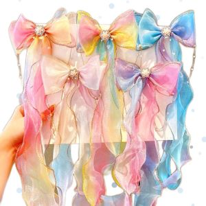 5PCS Princess Hair Bows Colorful Ribbon Hair Clips Rainbow Bowtie Long Tail Bow Barrettes Duckbill Clips Hand-made Glitter Fairy Hair Accessories for Girls Kids Gifts