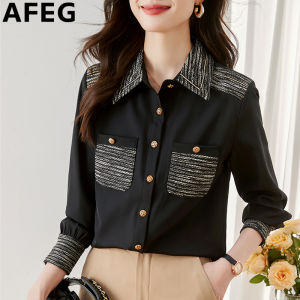 AFEG Korean shirt collar fashion loose everything vintage chiffon patchwork long-sleeved blouse