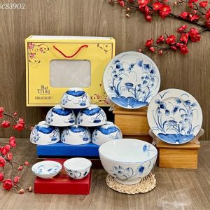 Bộ Bát Đĩa Bát Tràng Cao Cấp Họa Tiết Sen Đầm  Kèm Hộp Làm Quà Biếu Tặng - Hàng Nung Khử Bát Tràng Có Bảo Hành