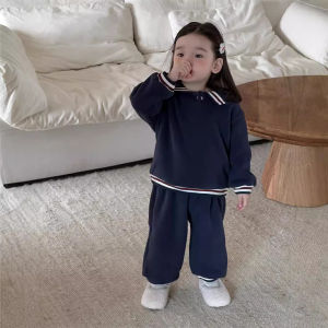 Childrens Autumn and Winter Thickened Outfit Korean Style Baby Clothing Thickened Winter Clothes for Girls Navy Collar Fleece-Lined Set