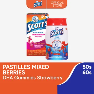 Scotts 100 Vitamin C Pastilles Mixed Berries 50s + Omega-3 DHA Gummies Strawberry 60s
