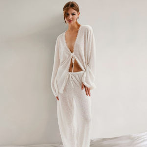 Womens Pajamas High-end Summer Thin Lace-up Long-sleeve Knitted Top Slightly Transparent Cool Casual Homewear Set