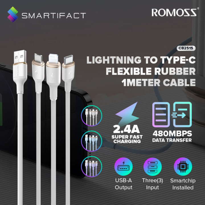 Romoss CB2515 3-in-1 USB to Type-C Lighting Micro USB Fast Charging  Cable Max Quick Charge 480Mbps Data Cable Lazada PH