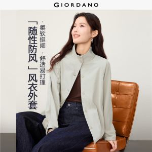 GIORDANO Women Coats Stand Collar Raglan Sleeve Trench Coats Button Closure Fashionable Casual Relaxed Trench Coats 13376990