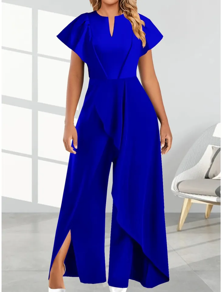 Women Solid Color Jumpsuit Short Sleeve V-neck Wide-leg Elegant