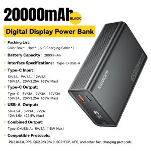 Essager 20000mAh Portable PD 65W Fast Charging Mobile Phone For IPhone17 16 15 Laptop Mac