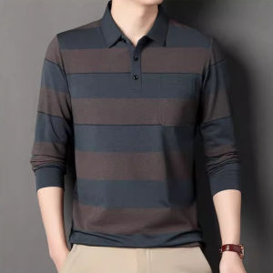 Mens long sleeved t-shirt with striped loose flip tie pocket for middle-aged and elderly daily casual polo shirt