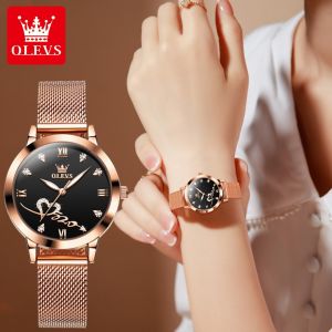 OLEVS watch for women waterproof original 2023 new korean style luxury milanese steel strap heart shaped design luminous casual wristwatch