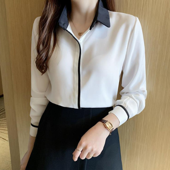 Office Long Sleeve White Woman Shirt Korean Chiffon Women Blouse With Tie Fashion  Tops V Neck Loose Female Clothing : Buy Online at Best Price in KSA - Souq  is now 
