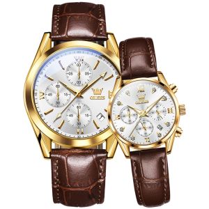 OLEVS Jam Tangan Couple Pasangan Anti Air Original Kulit Hitam Terbaru Ori Tahan Air 2024 Luxury Chronograph Watch Couple Multifungsi Jam Tangan Wanita+Jam Tangan Pria