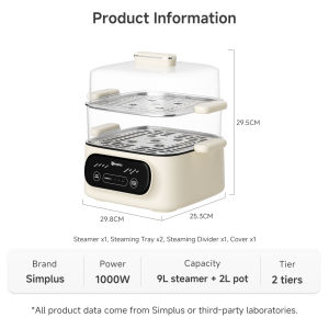 Simplus Electric Food Steamer 2-Tier 11L Capacity 2-in-1 Steam and Boil Hot Pot 24h Reservation 8 Preset Programs Stainless Steel Trays