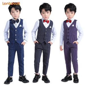 lontakids 2-14 Năm Trẻ Em Trai Sọc Bộ Áo Lót (Vest + Áo + Quần + Bowtie) trẻ Em Đám Cưới Tiệc Sinh Nhật Trang Phục Trang Trọng Đen Xanh Dương Tím Màu Xanh Lá Cây Tuxedo Buổi Hòa Nhạc Đàn Piano Trang Phục Biểu Diễn
