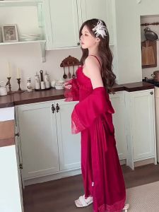 HT839 Set váy ngủ và áo choàng tay loe ren bèo sang chảnh tiểu thư dáng dài tôn dáng HT839