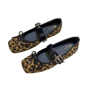 MIA Elegant Women Square Toe Ballet Flats with Bow Detail and Studded Detail. Leopard print black accents square toe design bow detail studded strap.