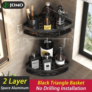 【JOMO】No Drill Space Aluminum Bathroom Rack Bathroom Shelf Organizer Storage Shelf Rack Corner Shelf Rack Bathroom Accessories