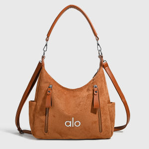 ALO Yoga Suede Hobo Shoulder Bag for Women Embroidery Logo Retro Crossbody Handbag Dual Front Zipper Pockets Side Slip Pockets Double Leather Straps Large Capacity Casual Commute Shopping Bag