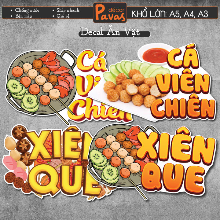 Decal Cá Viên Chiên, Xiên Que chống nước trang trí dán quán trà sữa, cà ...