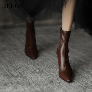 IELGY womens retro versatile elastic slim pointed toe martin boots