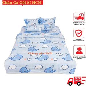 Ga gối kí túc xá ga giường bệnh viện kích thước 1M/1M2x2M Ga chun kiểu mới Hàn Quốc Mẫu Cá Heo Voi Xanh Trắng