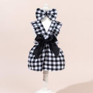 SKJK Flying Sleeve Cat Dog Princess Dress Bow Headband Polka Dots Printing Pet Dress Cute Thin Pet Skirts Spring Summer