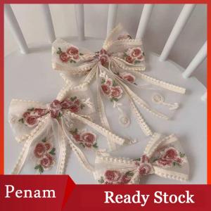 [PAM] New Embroidered Bow Hairpin Lace Hair Clip Sweet Back Of The Head Duckbill Clip Fashion Hair Accessories For Girl Woman
