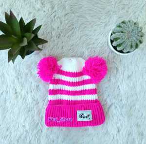 Topi Rajut Bayi Lucu Pompom Salur Bear (0-1 tahun)