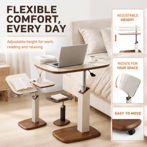 [Next-Day Delivery]Side Table Adjustable Height PU C-Shaped Coffee Solid Wood Bed Table Portable Table Sofa Table