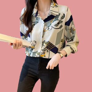 Kain Berkualitas Tinggi Fashion Korea Kuning Merah Biru Kemeja Lengan Panjang Musim Semi Musim Panas Musim Gugur Wanita Atasan Resor Kasual Kemeja Kerja