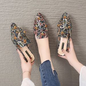 CXL Brand Fashion Beautiful Slippers Flowers Pearls Inlay Low Heel 1.18 Inches Mules Sandals for Women (Size 35-39)